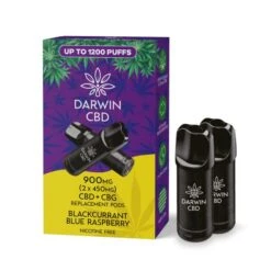 Darwin CBD Replacement Pods The Big One 900mg(2x450mg) 18 Darwin CBD Replacement Pods The Big One 900mg(2x450mg) -Vaping Supply Store Darwin CBD Twin Replacement Pods 450mg Blackcurrant Blue Raspberry1