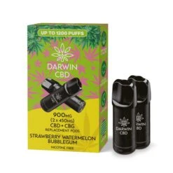Darwin CBD Replacement Pods The Big One 900mg(2x450mg) 20 Darwin CBD Replacement Pods The Big One 900mg(2x450mg) -Vaping Supply Store Darwin CBD Twin Replacement Pods 450mg Strawberry Watermelon Bubblegum1